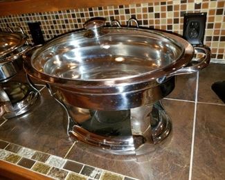 4 chafing dishes with stand and lid, 2 piece insert.   $35.00 EACH