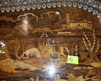 Lower level: oval bone inlaid & carved coffee table. #14. 53" x 32" x 20". From India.   Oval table: 195.00
