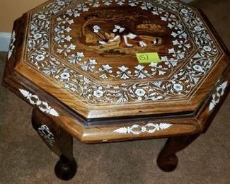 Lower level: pair octagonal inlaid carved end tables. 23" x 18:.  #15.  $60.00 PAIR