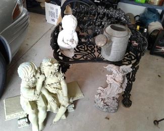 Cast Iron Garden Bench and Statuary