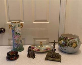 Antique Brass Card Press, Enamel Trinket Box, Rose Bowl, and More