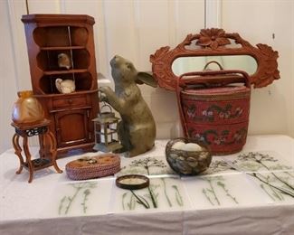 Antique Sewing Basket, Aurene Glass Vase, Mini Cabinet