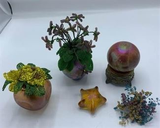 Blown Glass Ball, Vases, and Beaded Flowers