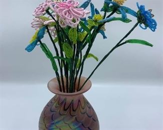 Blown Glass Vase and Beaded Flowers
