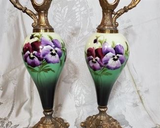 Hand Painted Pansy Ornate Porcelain and Brass Urn Pair