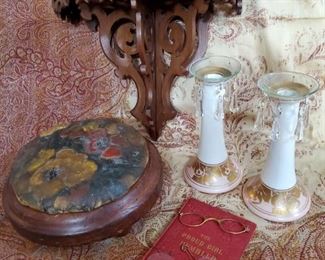 Hand Painted Tuffet, Pince Nez, Bavaria Candlestick Holders