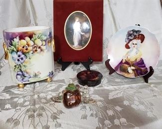Limoges Vase, Vienna Plate, and Hand Painted Framed Porcelain Art