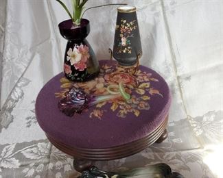 Needlepoint Purple Floral Tuffet, Hand Painted Glass. and Porcelain