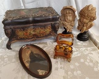 Pair of Childrens Busts by E Guillemin, Amber and Brass Perfume or Ink Holder