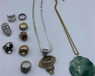 Sterling Rings, Jade Possibly and Sterling Necklaces