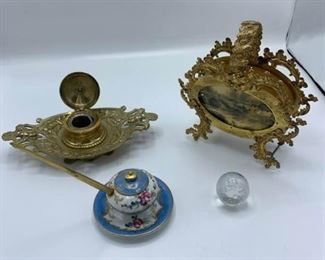 Two Inkwells, Letter Holder, and More