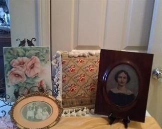 Wood Framed Painted Portrait with Silk Scarf Needlepoint Pillow and More