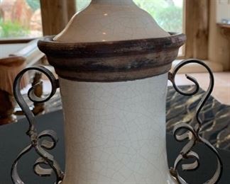 Tall Ceramic & Wrought Iron Lidded Decor Vase	16in H		SC106