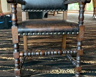 2pc Rustic Hand Tooled Leather, Carved Wood Highback Chairs	54x24.5x24.5. Seat Height: 21in	HxWxD	SC1102pc Rustic Hand Tooled Leather, Carved Wood Highback Chairs	54x24.5x24.5. Seat Height: 21in	HxWxD	SC110