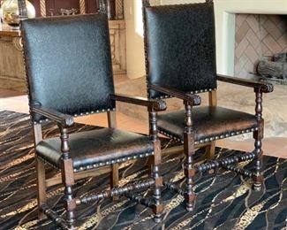 2pc Rustic Hand Tooled Leather, Carved Wood Highback Chairs	54x24.5x24.5. Seat Height: 21in	HxWxD	SC110