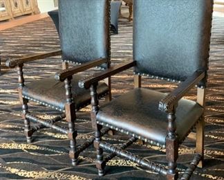 2pc Rustic Hand Tooled Leather, Carved Wood Highback Chairs	54x24.5x24.5. Seat Height: 21in	HxWxD	SC110
