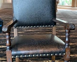 2pc Rustic Hand Tooled Leather, Carved Wood Highback Chairs	54x24.5x24.5. Seat Height: 21in	HxWxD	SC110