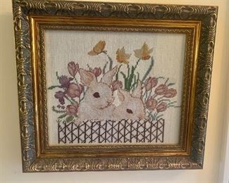 #349 - Petitpoint and needlepoint bunnies (15” x 17”) - $70