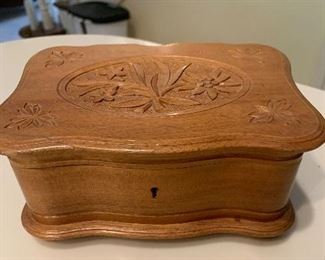 #709E - Vintage carved wooden music box (plays but has a clicking sound) - $5.00. Please remember that there is a $20 minimum purchase requirement.