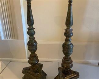 #587J - Pair 16" heavy mixed metal candlesticks - $60.00.