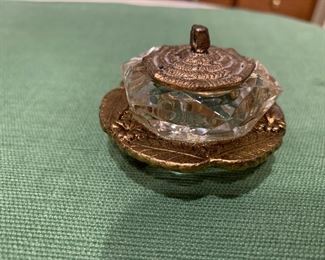 #1123B - Tiny cut crystal container with gold base and top 2.4" w x 1.5" T) - $25.00