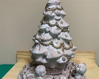 #898P - 2 piece decorative terracotta Christmas tree with children, cat, and gifts - $35.00.