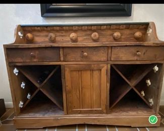 One of a kind, custom Handmade bar cabinet by Bob Brinkman - made from vintage wood. W/key for center door. 41 -1/2“ high, 56” w X 16” d $680.00