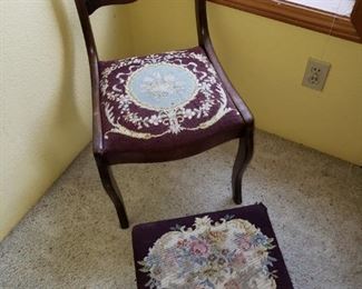 Chair with Needlepoint   and Needlepoint Stool
