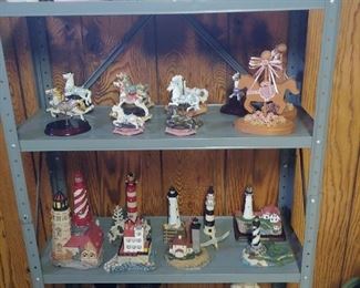 Porcelain Mini Show Collection - Carousel Horse Figurines - Lighthouses - Shelf