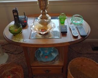 Depression Glass - Oak Table - Lamp - Wicker Baskets