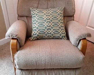 Fabric covered neutral colored recliner