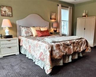 Queen Size bed with fabric headboard, mattress and boxsprings, comforter set, and nightstand 