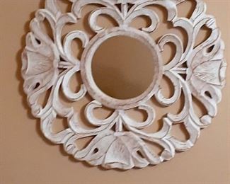 Large white decorative wood medallion with mirror