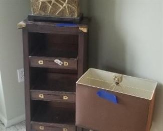 Set of two sandy starfish table lamps with brown shades. Lamps $45 each; three-tier accent table $60 