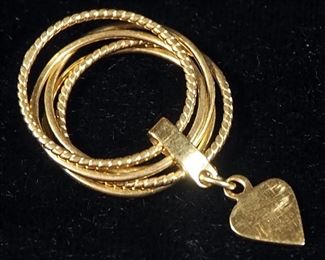 14k Gold Ring, 5 Separate Bands Held Together With Heart Charm, Size 4-1/4, 2.7g Weight Including Charm