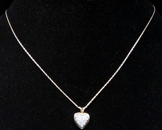 14k Gold Necklace, 17" Long, With Heart Shaped Pendant With Clear Stones, 2.1g Including Pendant