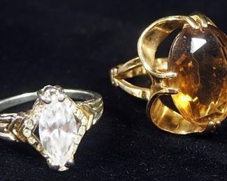 18k HGE Gold Ring, Size 5-1/2, With Amber Colored Stone, 6g Including Stone, And 18k GE Ring, Size 7, With Clear Stone, 3.4g Including Stone