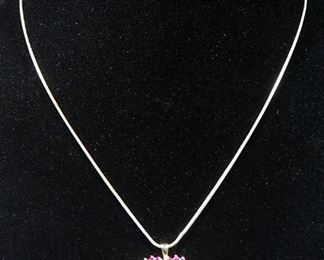 10k Gold Heart Shaped Pendant With Magenta And Clear Stones On Gold Toned Chain, 18" Long, 6.95g Total Weight Including Chain