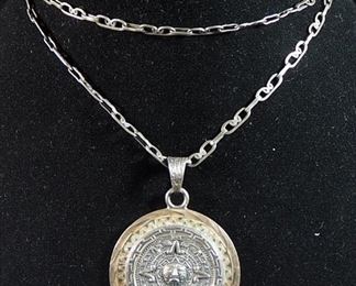 Sterling Silver Necklace, 25" Long, With Sterling Silver Pendant Of Mayan Calendar, 28g Total Weight
