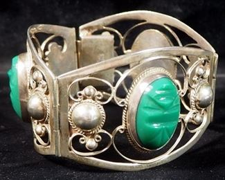 Sterling Silver Hinged Cuff Bracelet, Approx 2.5" Diameter, With Green Stones