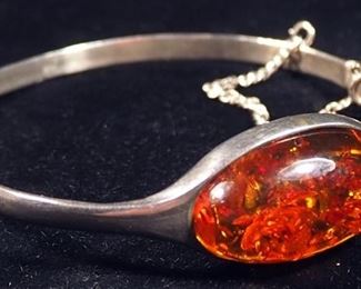 Sterling Silver Hinged Bracelet, 2.25" Diameter, With Amber Stone
