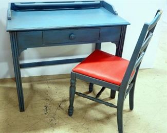 Desk With Antiqued Blue Finish, Single Drawer, 31.5" High x 36" Wide x 19.75" Deep And Matching Chair With Red Upholstered Seat