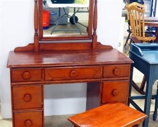 Vanity With Articulating Mirror And Matching Stool, 66" High x 42" Wide x 18" Deep, Dovetail Construction, Some Wear, World War II Era