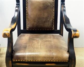 Rocking Chair With Carved Image Of Cowboys And Horse In Head Rest, Faux Leather Seat And Back, 42" High x 28" Wide