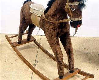Large Rocking Horse, Plush Body Over Wood Frame, Vinyl Saddle And Bridle, 31" High x 41.5" Long x 12" Wide