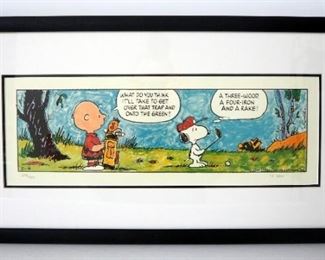 Charles M Schultz Peanuts "A Rake" Lithograph From The "On The Links" Series, With COA, #229/500, Double Matted And Framed Under Glass 15" H x 28.75"