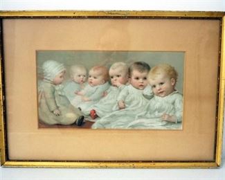 Ida Waugh (American, 1846-1919) "The Prize Babies", Matted Print, Framed Under Glass 18.5" Wide x 12.75" High