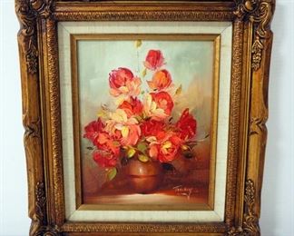 Original Oil On Canvas Painting Of Flowers In A Pot By Tommy, Framed 13.25" Wide x 15" High