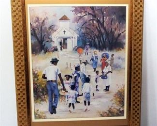Print Of African Americans Going To Church By G. Rose, Double Matted, Framed, Under Glass, 27" Wide x 33" High