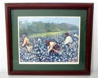 Ted Ellis (American, 1963- ) Autographed Print Of "The Cotton Pickers", Matted, Framed, Under Glass 27.5" Wide x 23.5" High